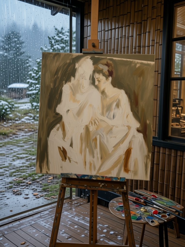 A painting in progress on her easel, rain outside the window
