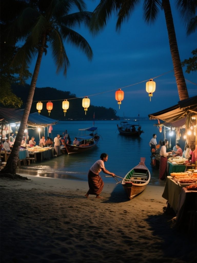 A night market in her world, lanterns over the water